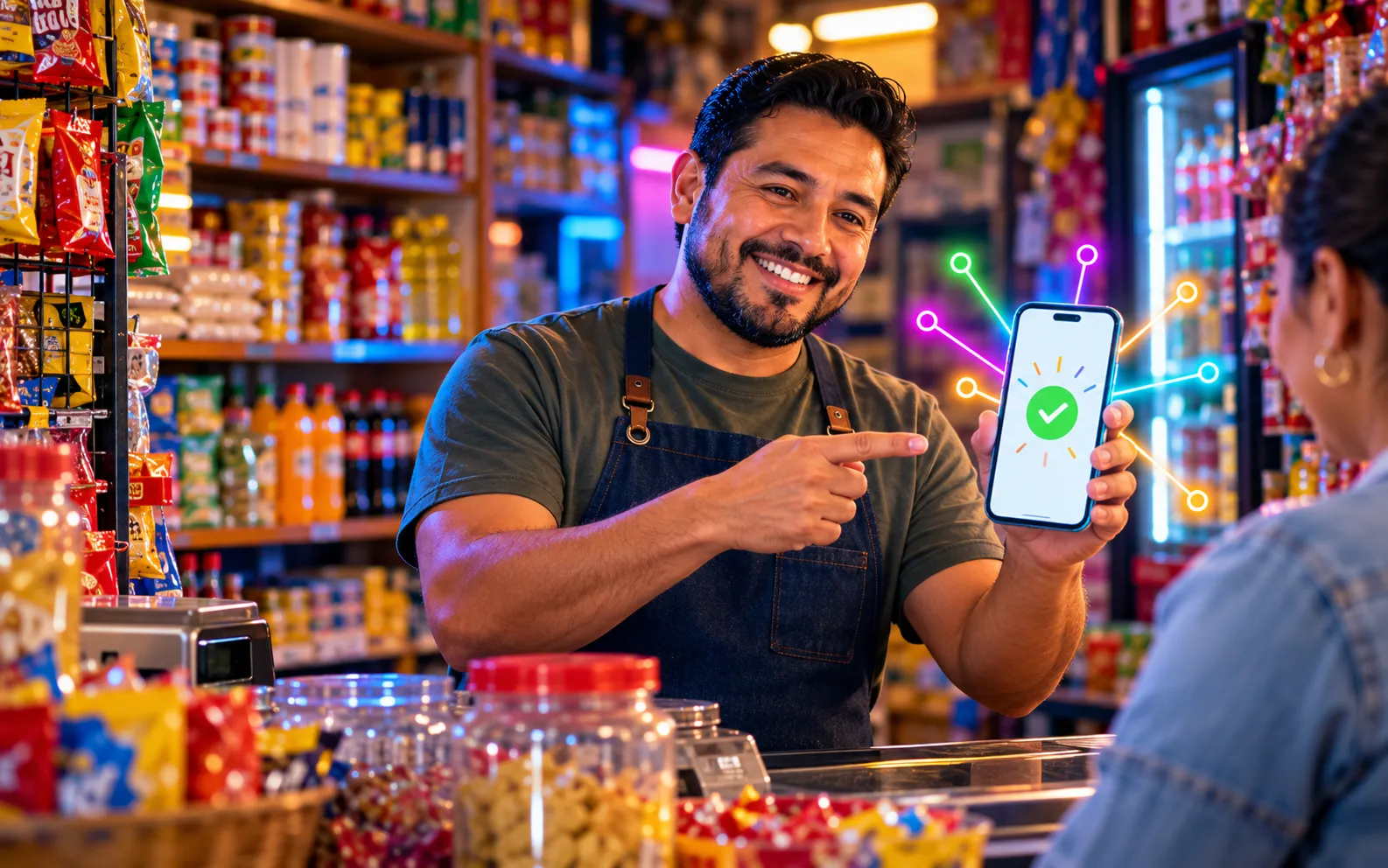Tendero mexicano sonriente haciendo una recarga desde su celular en su tienda de abarrotes
