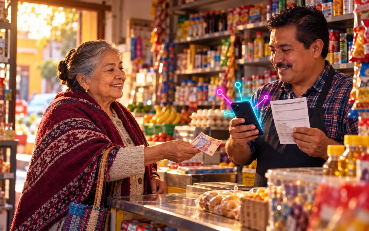 Clienta pagando su recibo de luz en una tienda de barrio