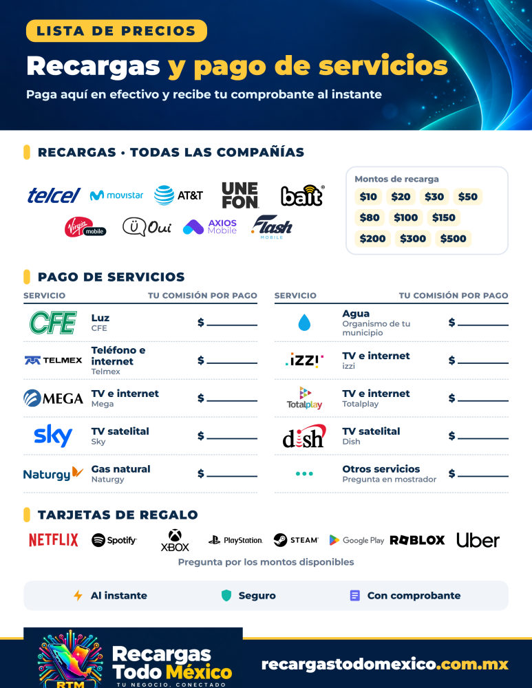 Lista de precios (carta) de recargas y pago de servicios